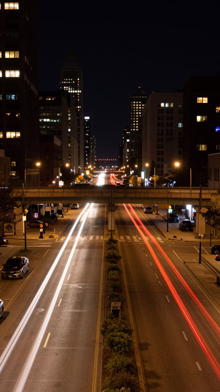 Chicago Night Street Scene with Overpass Interchange and Taillight Streaks in in Chicago, Illinois, United States