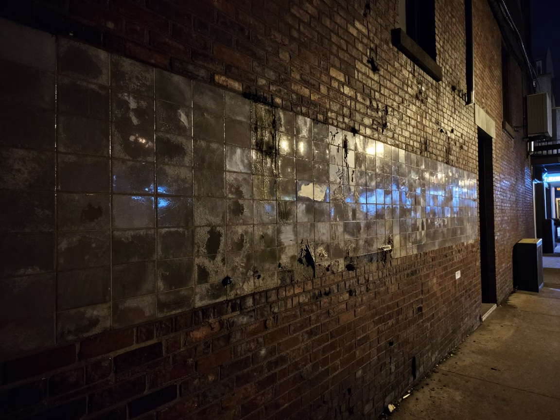 Chicago Night Street Scene with Smudged Tile Wall and Urban Decay in in Chicago, Illinois, United States