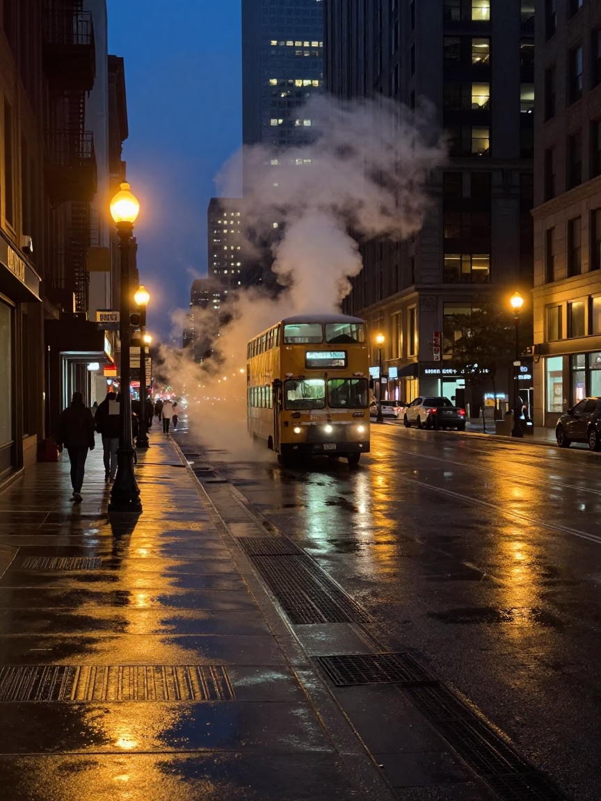 Chicago Night Street Scene with Steam and Double Decker Bus at Dusk in in Chicago, Illinois, United States