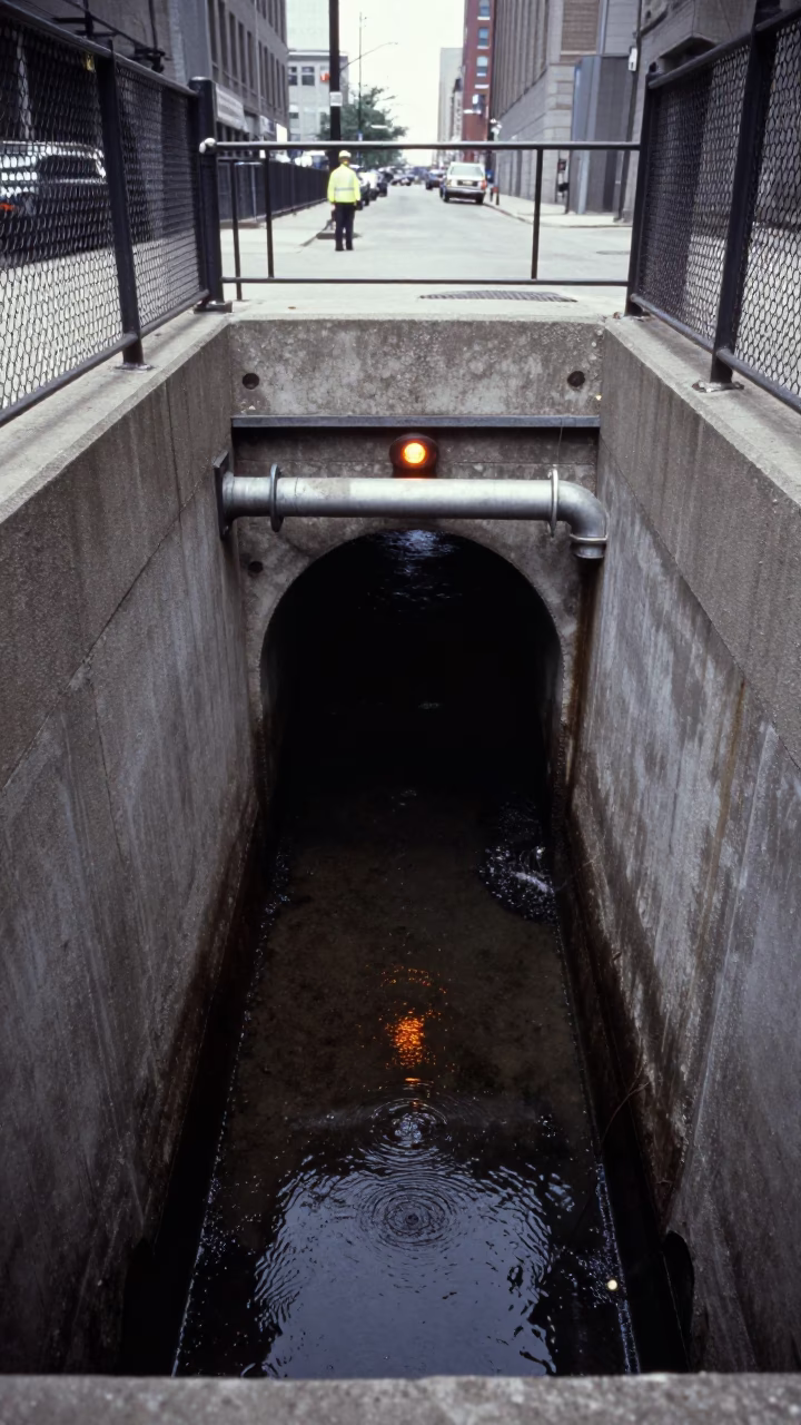Chicago Noon Service Tunnel Sump Reflecting Pipework and Blinking Indicators in in Chicago, Illinois, United States