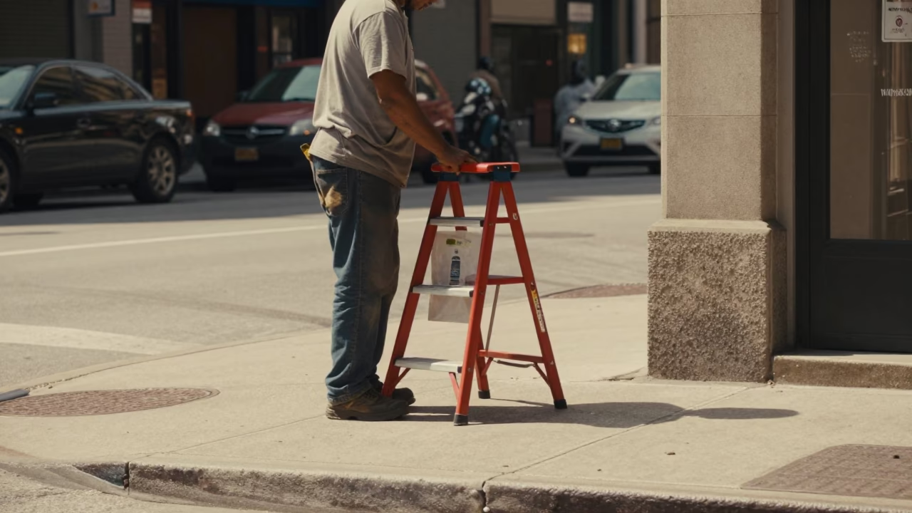 Chicago Noon Street Scene with Step Stool and Adjustable Spanner in in Chicago, Illinois, United States