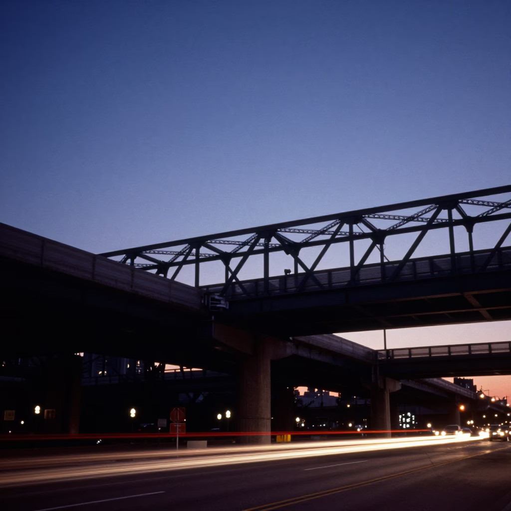 Chicago Overpass Interchange at Indigo Twilight with Taillight Streaks and Urban Infrastructure in in Chicago, Illinois, United States