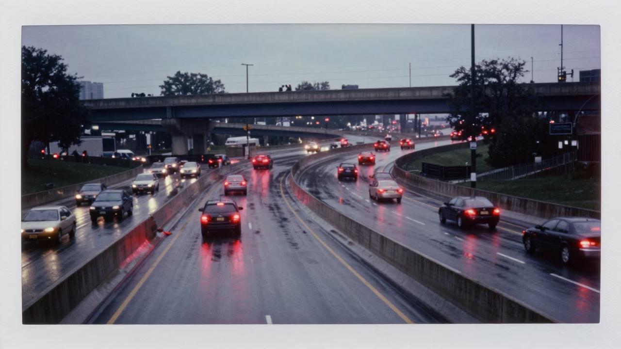 Chicago Overpass Interchange Glowing With Red Taillights After Rain at Early Evening in in Chicago, Illinois, United States