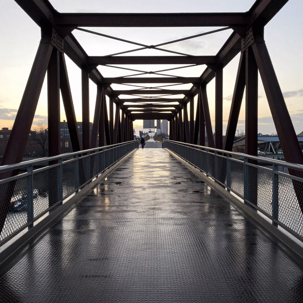 Chicago Pedestrian Overpass at Dawn with Wet Footsteps and Urban Reflections in in Chicago, Illinois, United States