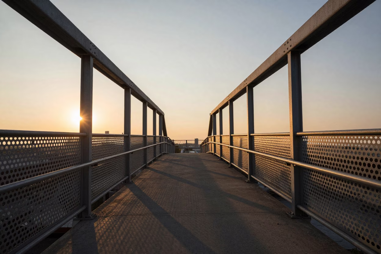 Chicago Pedestrian Overpass at Sunset with Perforated Metal and Wet Footsteps in in Chicago, Illinois, United States