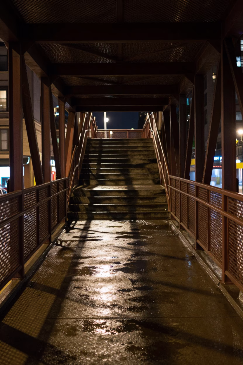 Chicago Pedestrian Overpass Perforated Metal Wet Footsteps Late Night Urban Scene in in Chicago, Illinois, United States