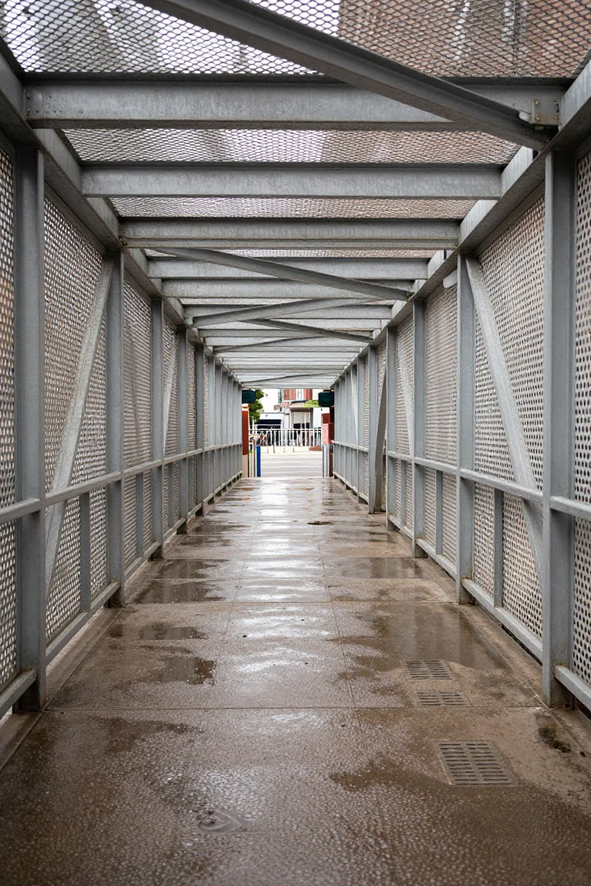 Chicago Pedestrian Overpass with Perforated Metal and Wet Footsteps Under Flat Noon Light in in Chicago, Illinois, United States