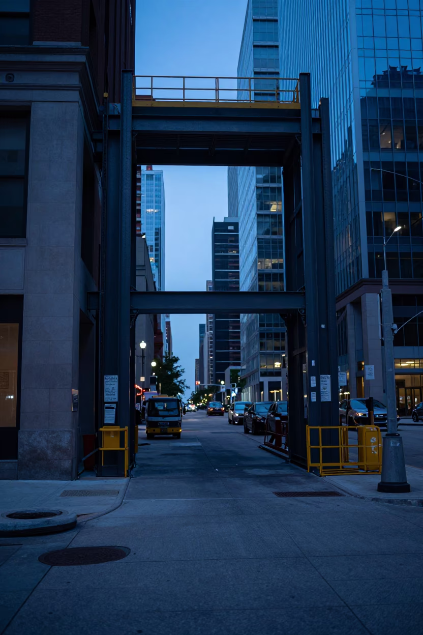 Chicago Pre-Dawn Street Scene with Construction Elevator Gate and Rebar Bundles Waiting Nearby in in Chicago, Illinois, United States