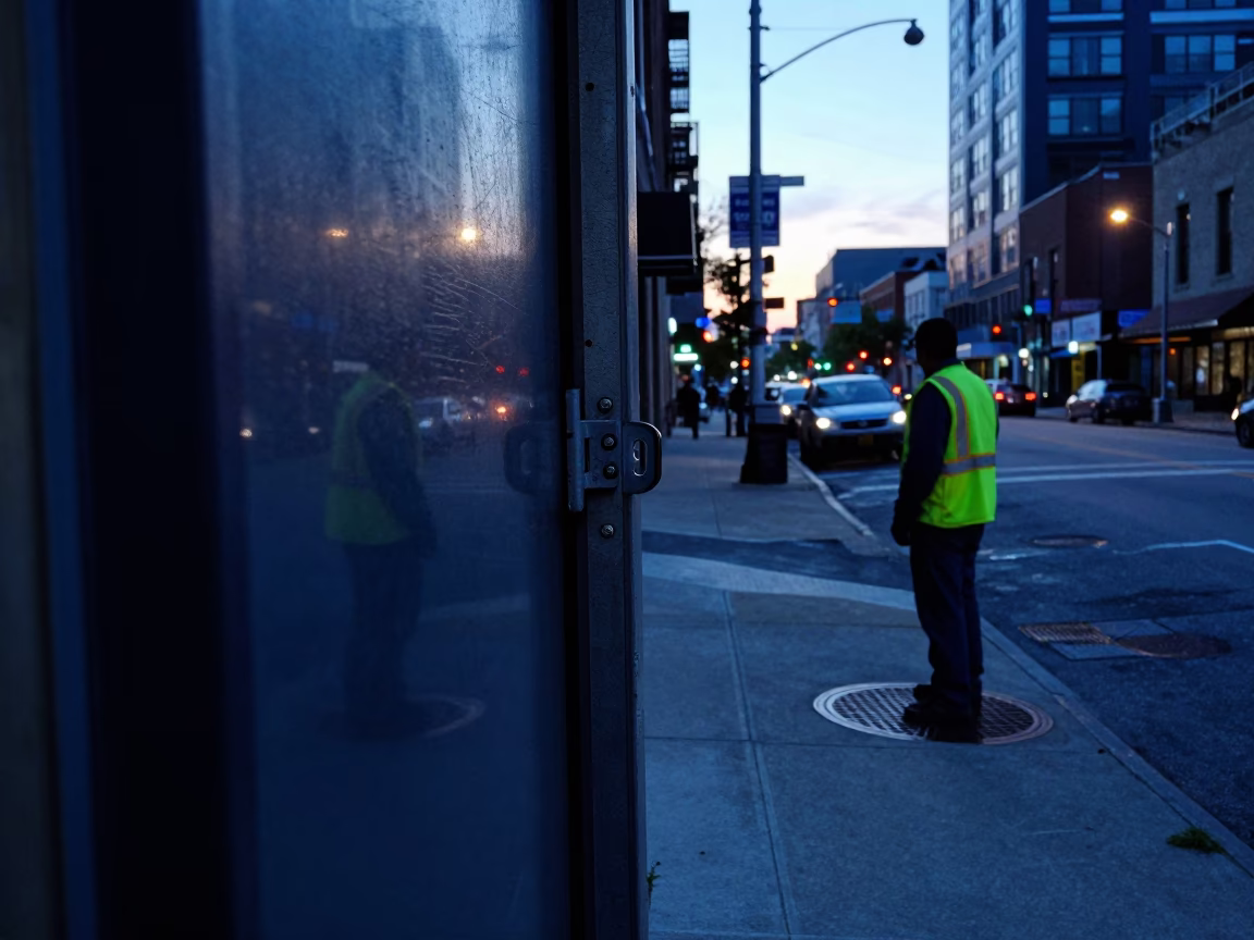 Chicago pre-dawn street scene with hinge and scratches on drain cover in in Chicago, Illinois, United States