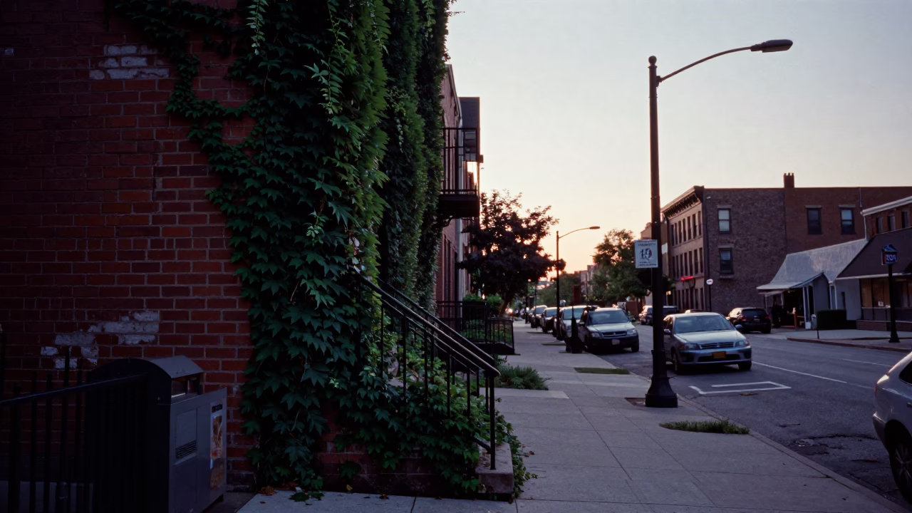 Chicago Pre-Dawn Street Scene With Ivy And Stair Rail At Dawn in in Chicago, Illinois, United States