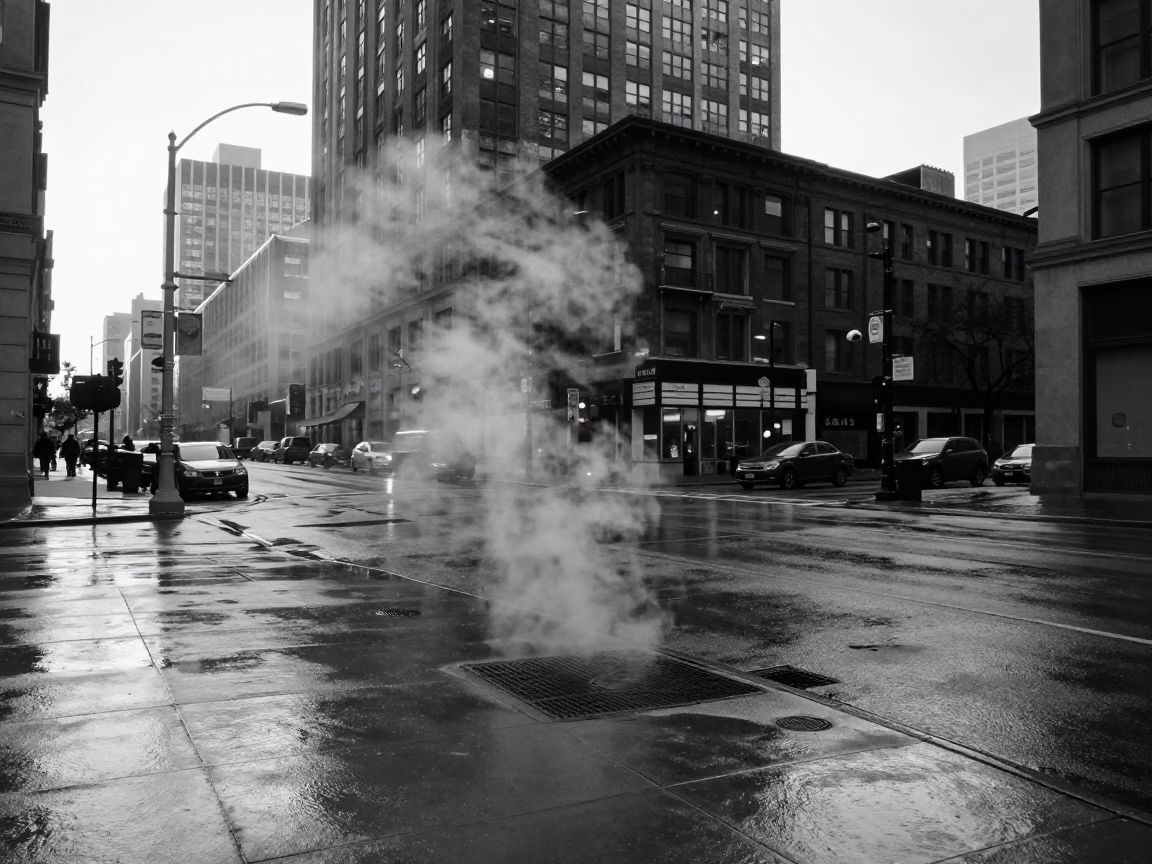 Chicago Pre-Dawn Street Scene with Steam and Urban Architecture in in Chicago, Illinois, United States