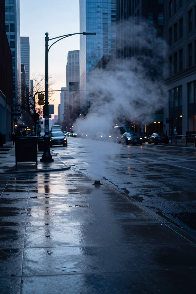 Chicago Pre-Dawn Street Scene with Steam and Urban Reflections in in Chicago, Illinois, United States