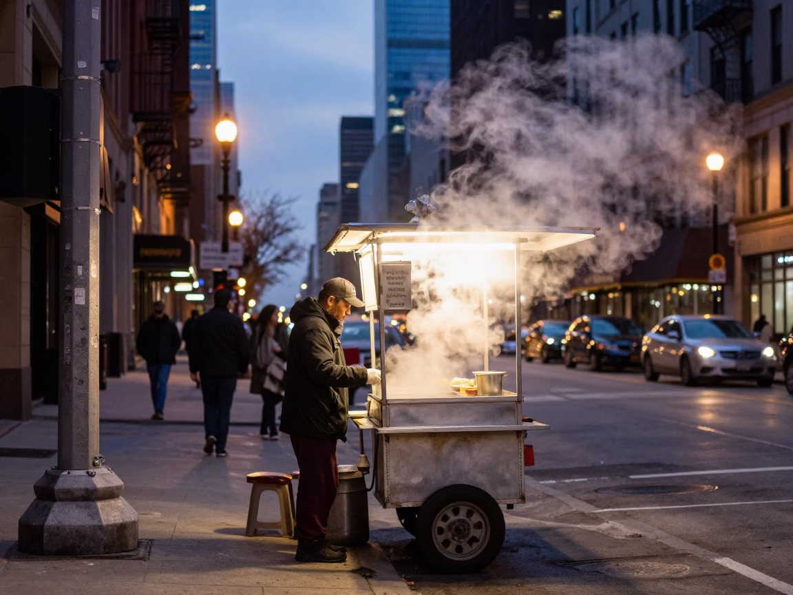 Chicago Pre-Dawn Street Vendor Stall with Steam and Urban Architecture in in Chicago, Illinois, United States