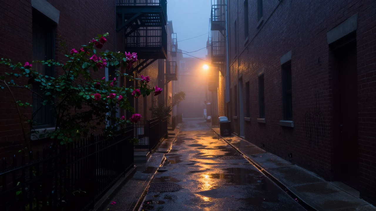 Chicago Predawn Alleyway Rust and Rain Soaked Blooms Near Viaduct in in Chicago, Illinois, United States