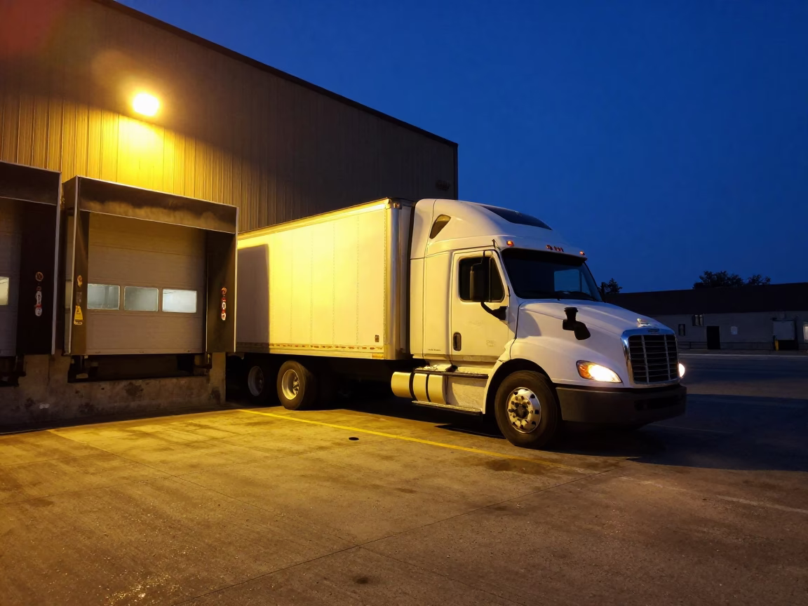 Chicago Predawn Loading Dock Semi-Trailer Worker with Coffee Cup in in Chicago, Illinois, United States