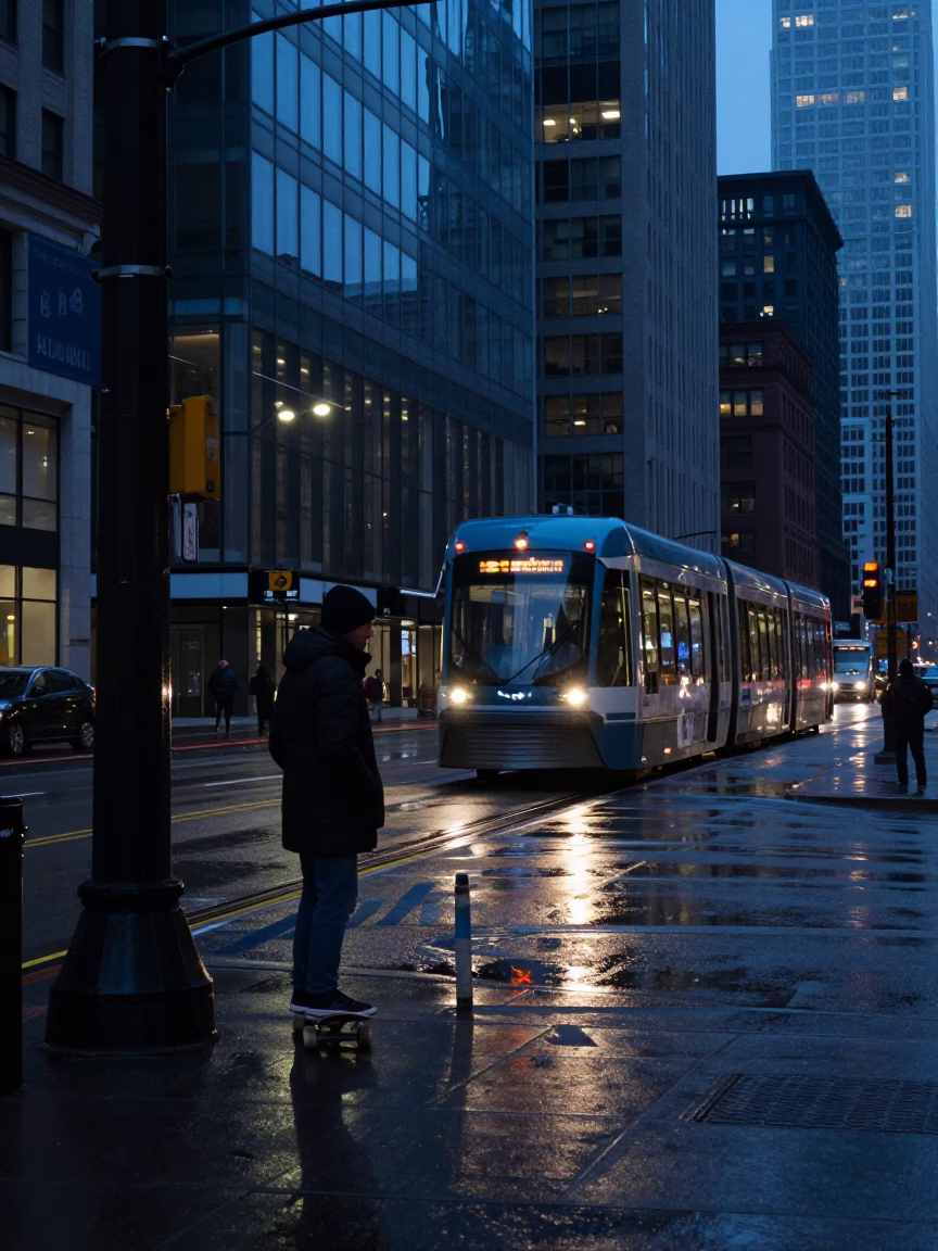 Chicago Predawn Street Scene with Monorail Reflection and Skateboarder in in Chicago, Illinois, United States