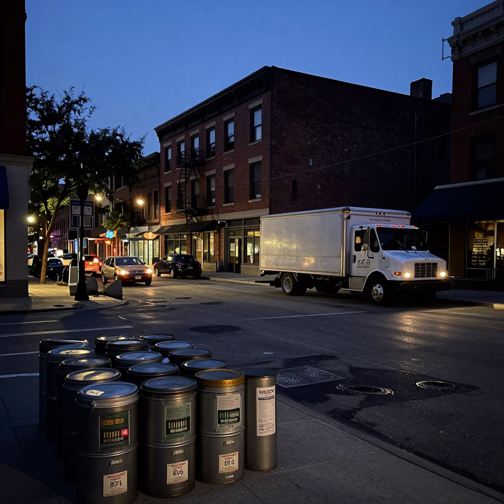 Chicago Predawn Street Scene with Storage Tins and Urban Grit in in Chicago, Illinois, United States