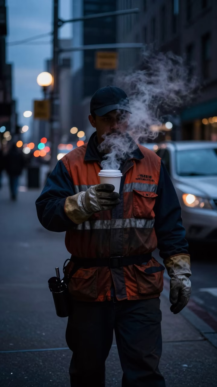 Chicago Predawn Street Worker With Work Gloves And Steam Haze in in Chicago, Illinois, United States