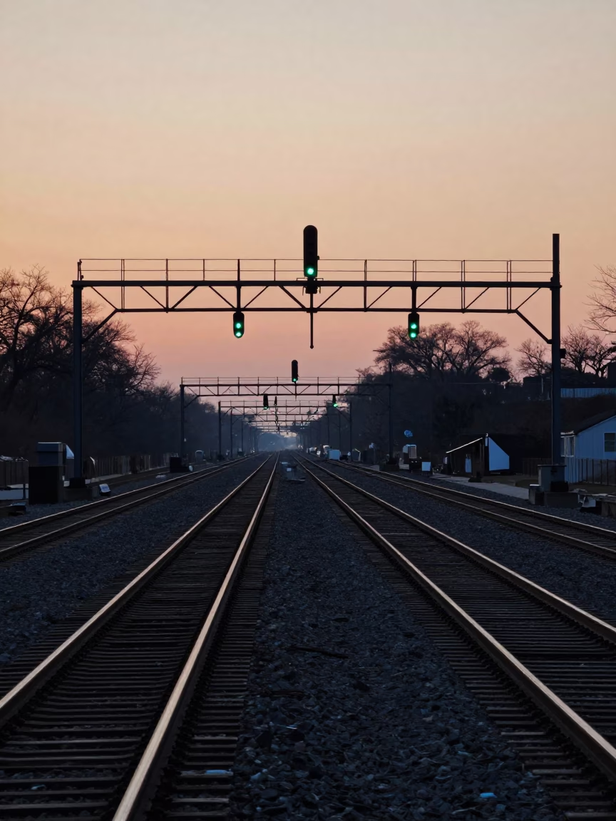 Chicago Rail Lines at Sunrise Light in in Chicago, Illinois, United States