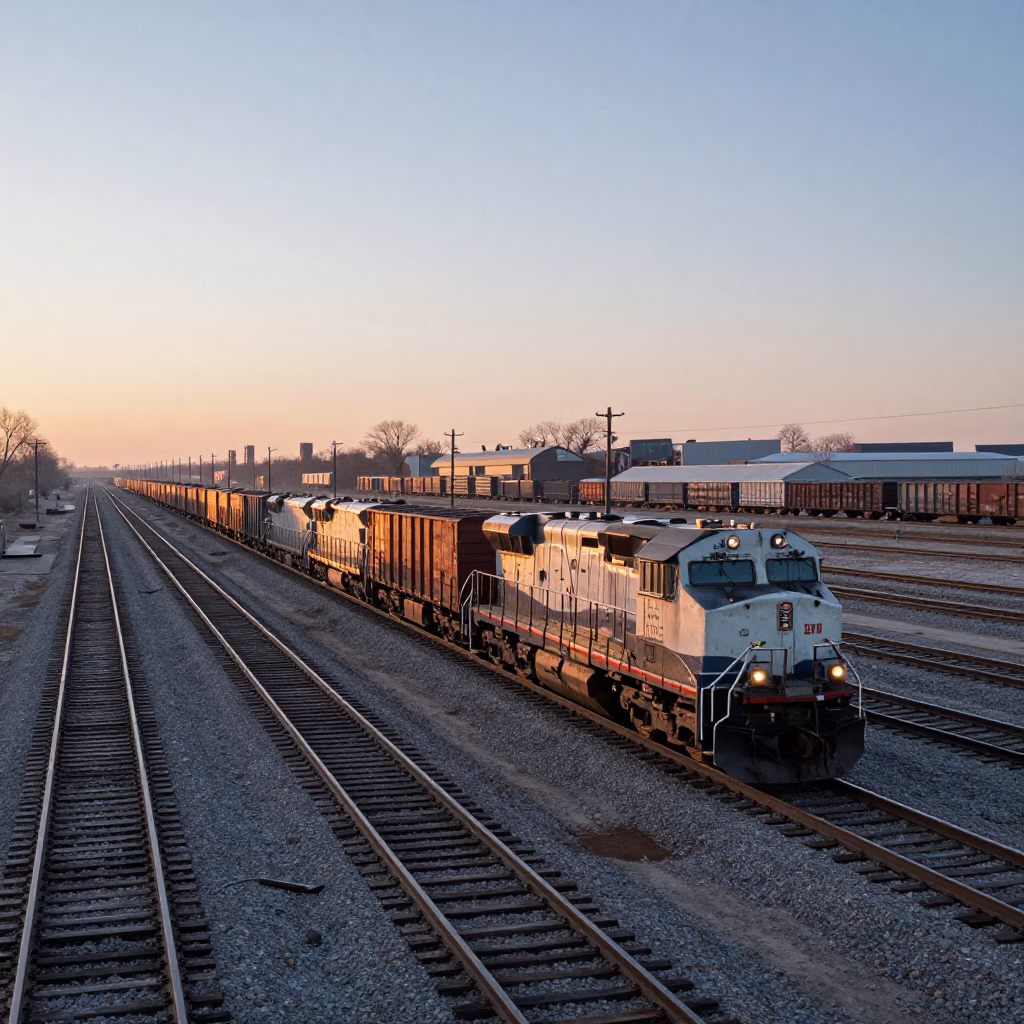 Chicago Rail Yard Freight Train at Dawn with Frost Covered Ridge Horizon Shot in in Chicago, Illinois, United States