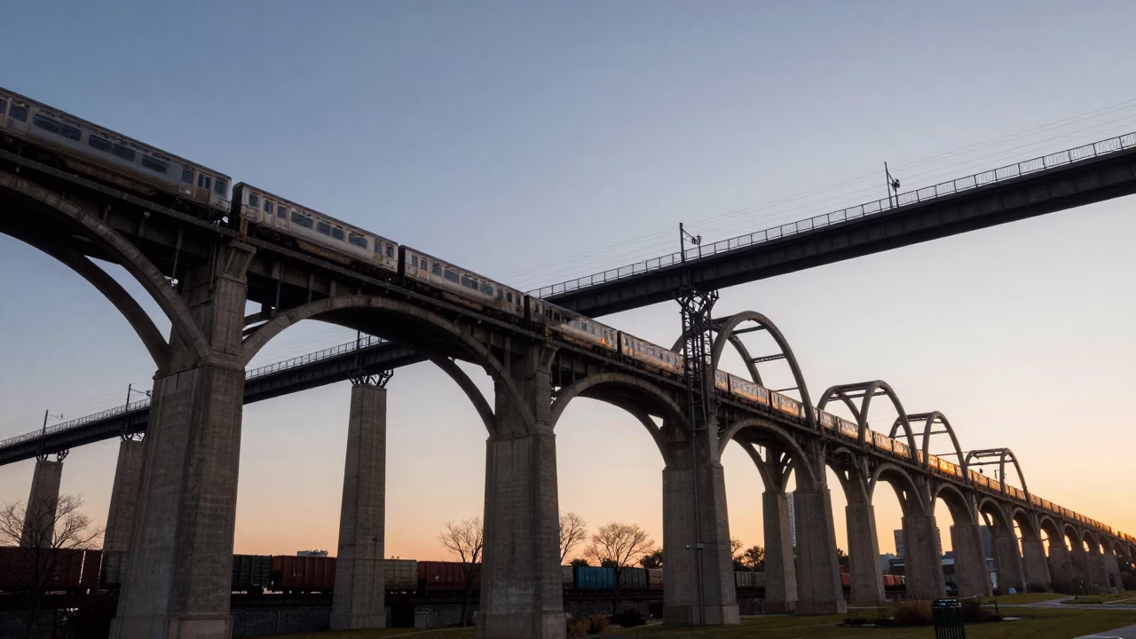 Chicago Railway Viaduct Arches at Sunrise with Passing Train and Urban Infrastructure in in Chicago, Illinois, United States