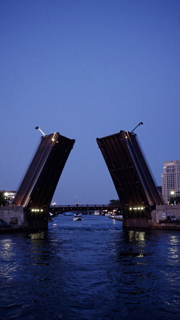 Chicago River Bascule Bridge Raised at Dawn with Industrial Cityscape and Moonlit Sky in in Chicago, Illinois, United States