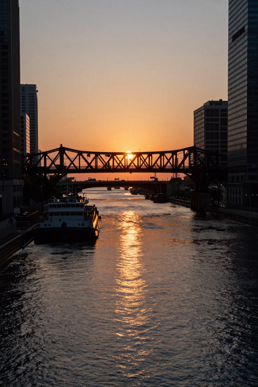 Chicago River Canal Locks and Industrial Barges at Sunset in Illinois in in Chicago, Illinois, United States