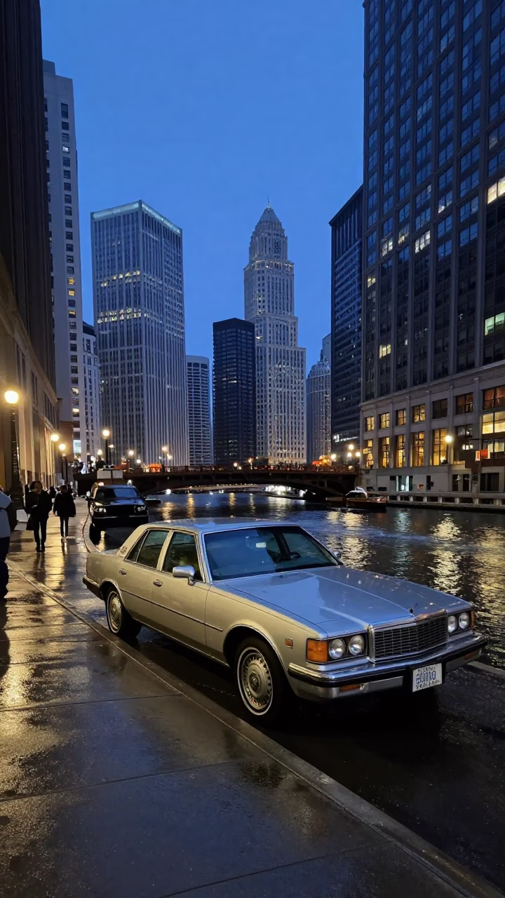 Chicago River Nautical Dawn Street Scene with Vintage Car and Urban Architecture in in Chicago, Illinois, United States
