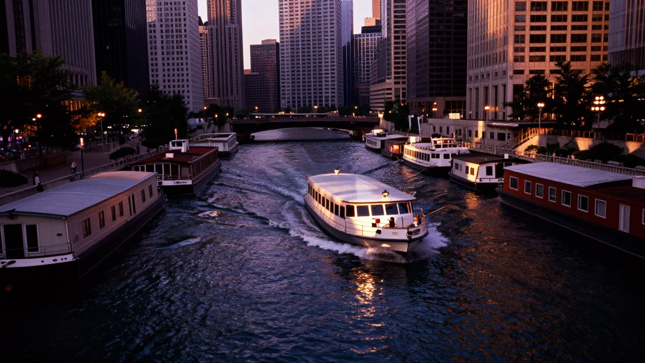 Chicago River Sunset Water Taxi Zigzagging Between Canal Houseboats in Illinois in in Chicago, Illinois, United States