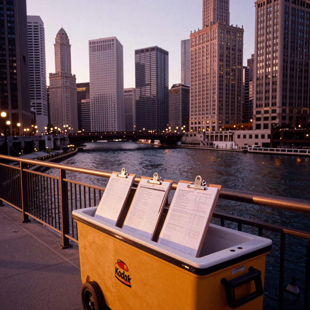 Chicago Riverfront at Dusk with Industrial Logistics and Urban Shadows in in Chicago, Illinois, United States