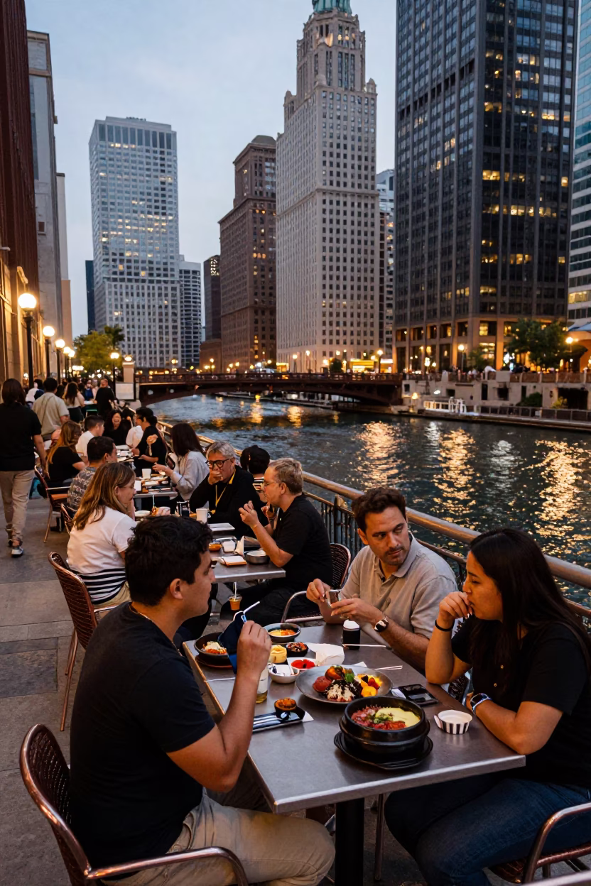 Chicago Riverwalk Dining with Bibimbap and Korean Army Stew in Copper Toned Light in in Chicago, Illinois, United States