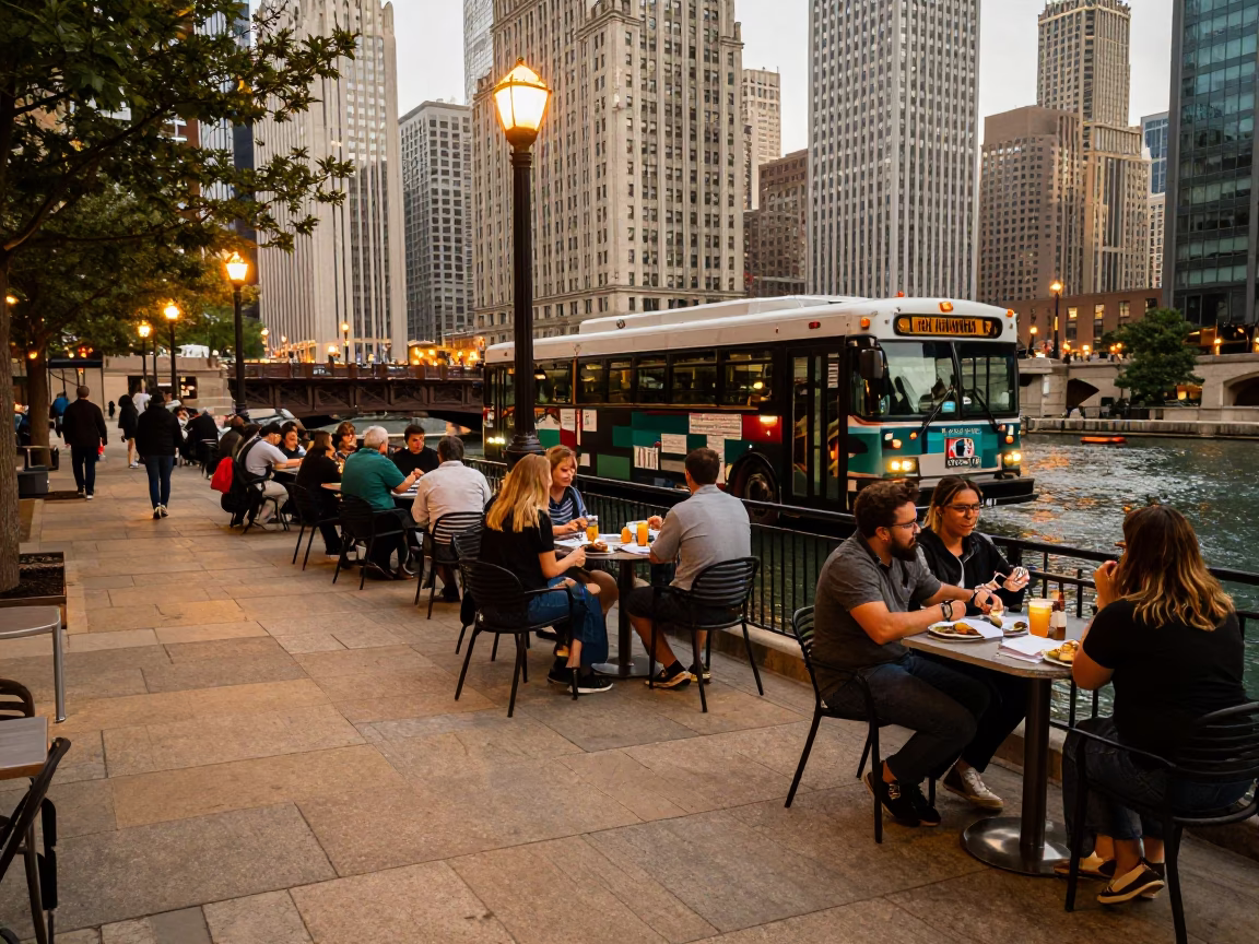 Chicago Riverwalk Evening Dining with Classic CTA Bus View and Bread Basket Detail in in Chicago, Illinois, United States