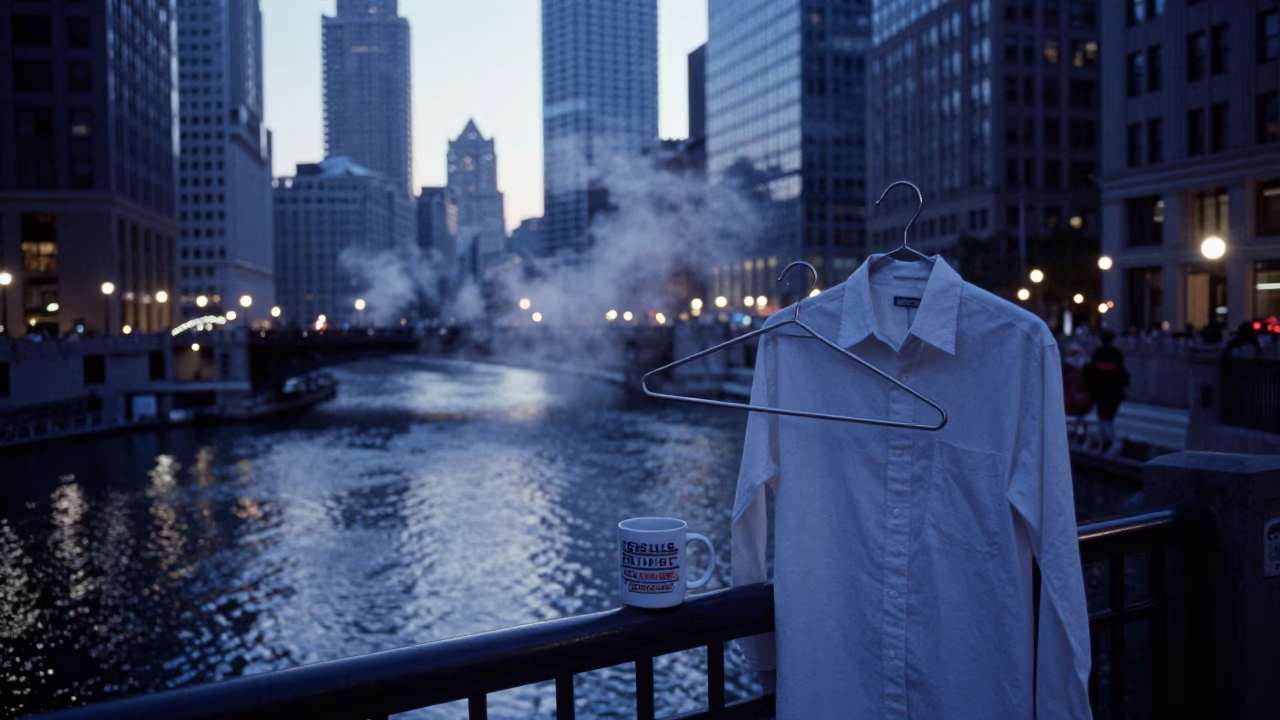Chicago Riverwalk Pre-Dawn Street Photography with Mug and Shirt Hanger in in Chicago, Illinois, United States