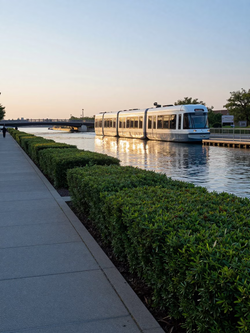 Chicago Riverwalk Sunrise Scene with Monorail and Boxwood Hedge in in Chicago, Illinois, United States