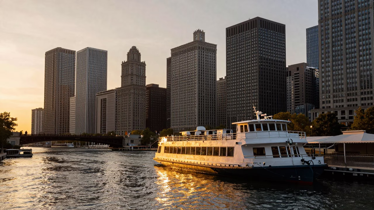 Chicago Riverwater Taxi Dock Sunset Scene with Urban Skyline Reflections in in Chicago, Illinois, United States