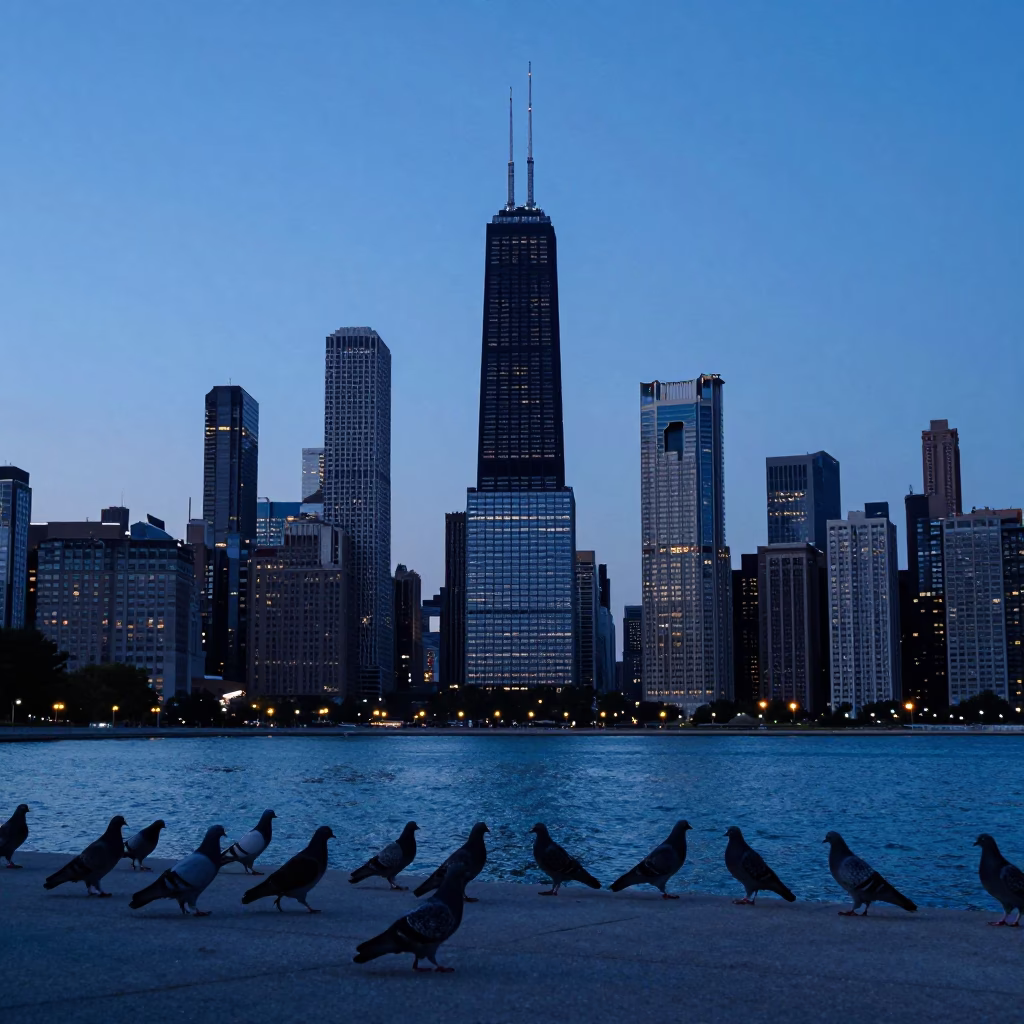 Chicago Skyline at Blue Hour with Pigeons on Concrete Ledge in in Chicago, Illinois, United States