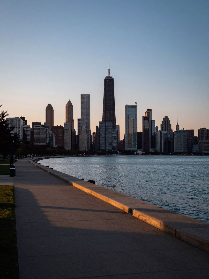 Chicago Skyline at Dusk with Lake Michigan and Urban Street Scene in in Chicago, Illinois, United States