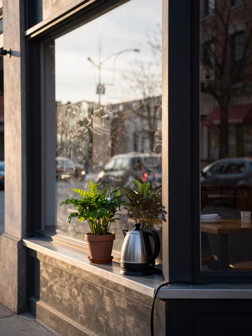 Chicago Street Breakfast Scene with Houseplant and Electric Kettle Near Lake Shore Drive in in Chicago, Illinois, United States