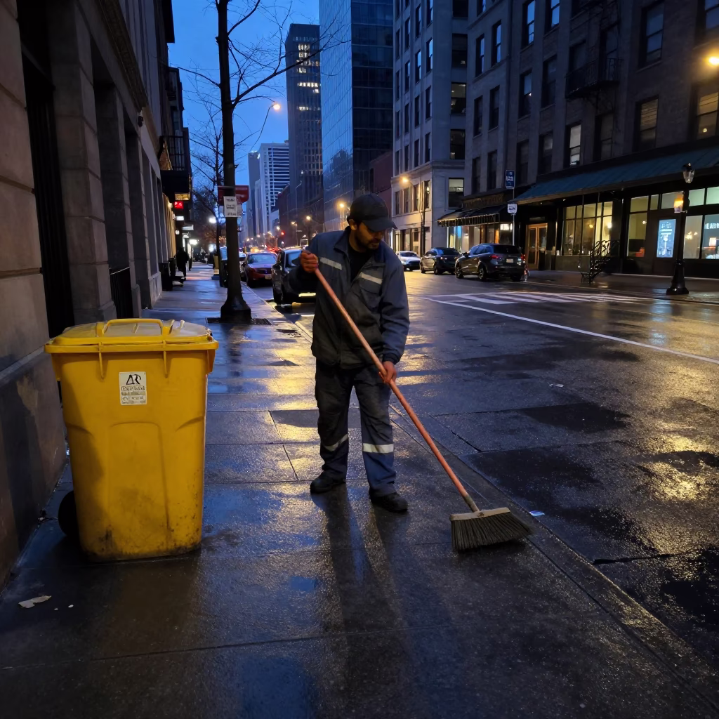 Chicago Street Cleaner with Broom in Predawn Darkness Near Lake Shore in in Chicago, Illinois, United States