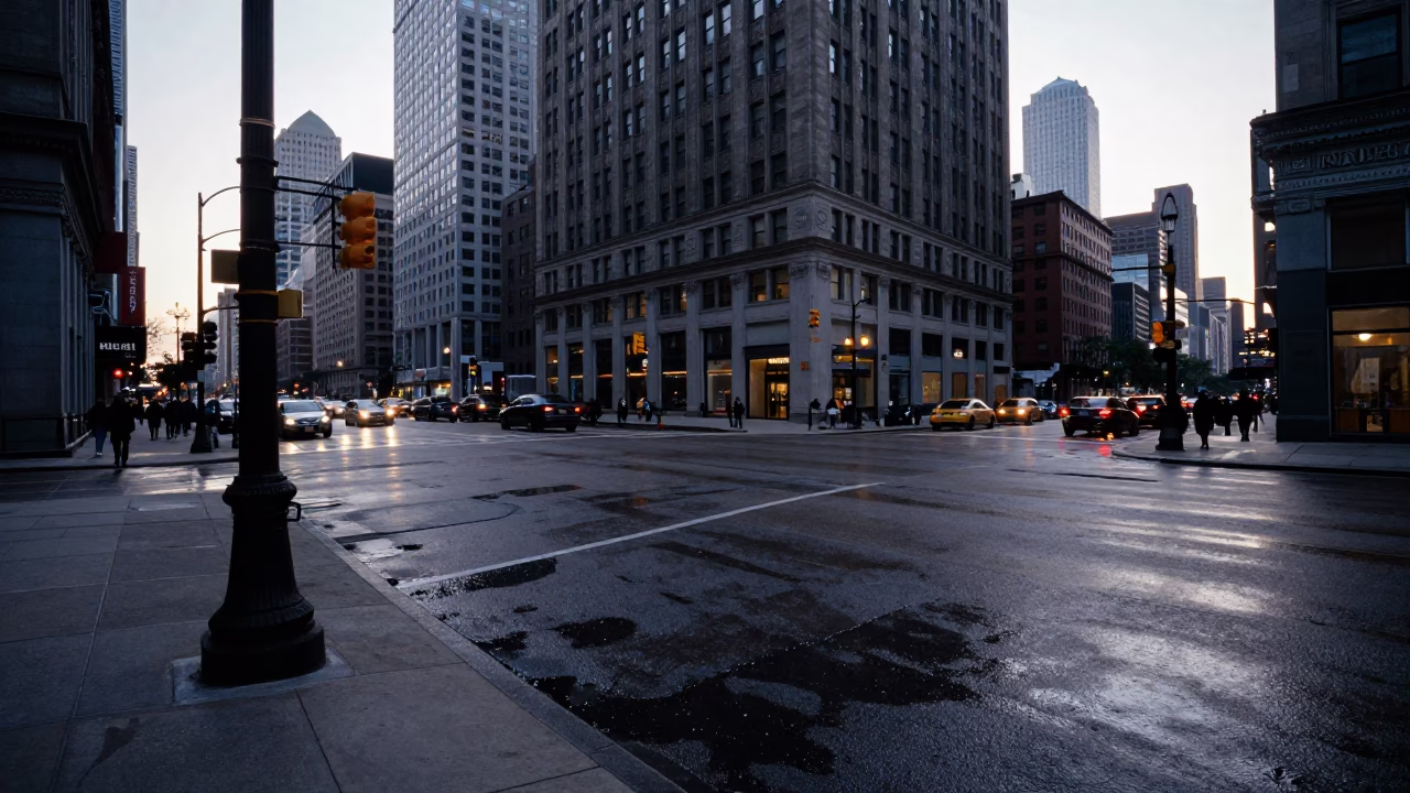 Chicago Street Corner at Dawn with Grease Sheen and Morning Commuters in in Chicago, Illinois, United States