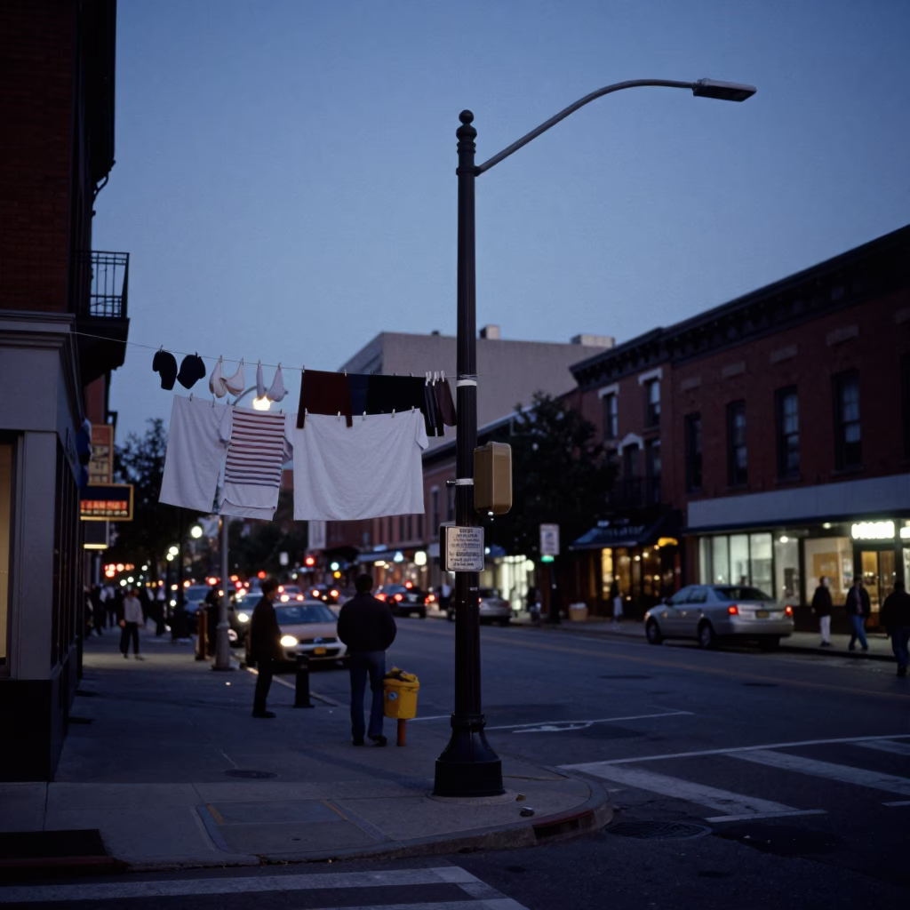 Chicago street corner at dawn with laundry pins and urban architecture in in Chicago, Illinois, United States