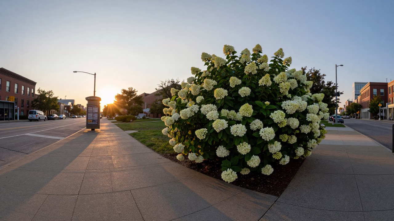 Chicago Street Corner at Sunset with Hydrangea Bush and Tram Stop Sign in in Chicago, Illinois, United States