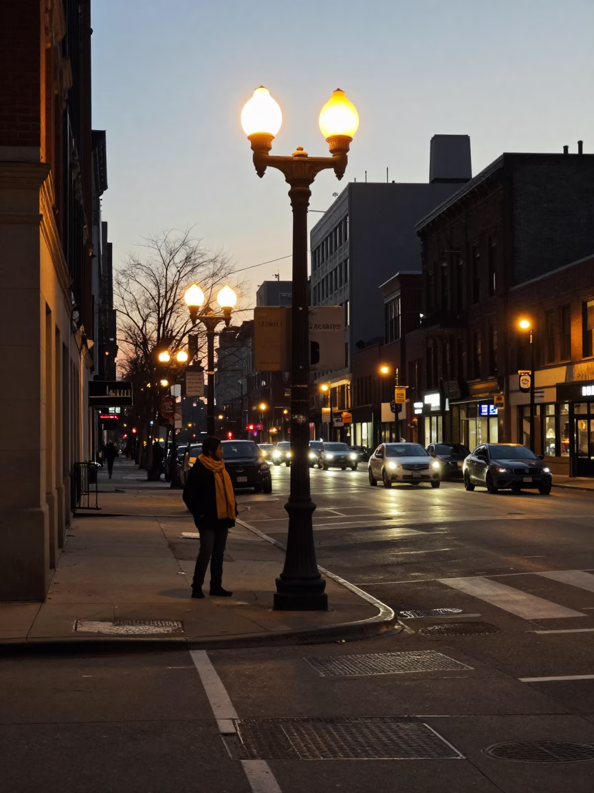 Chicago Street Corner Before Dawn with Commuter Scarf and City Lights in in Chicago, Illinois, United States