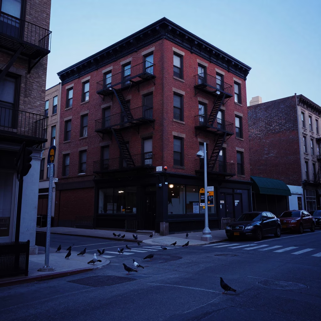 Chicago street corner before dawn with pigeons and urban infrastructure in in Chicago, Illinois, United States
