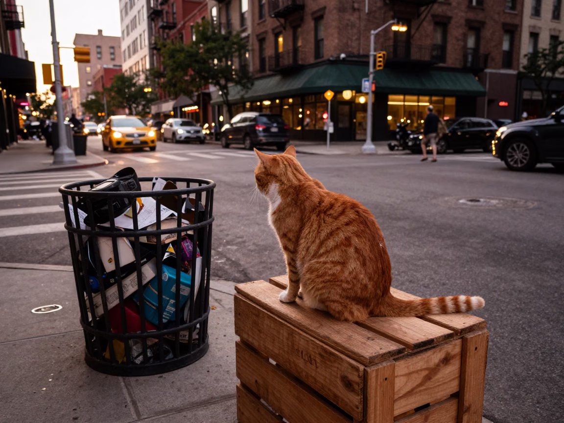 Chicago Street Corner Before Dusk with Ginger Cat and Scrap Basket in in Chicago, Illinois, United States