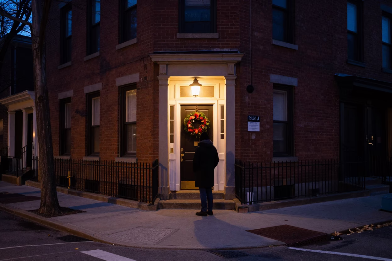 Chicago Street Corner Dawn Scene with Door Wreaths and Urban Architecture in in Chicago, Illinois, United States