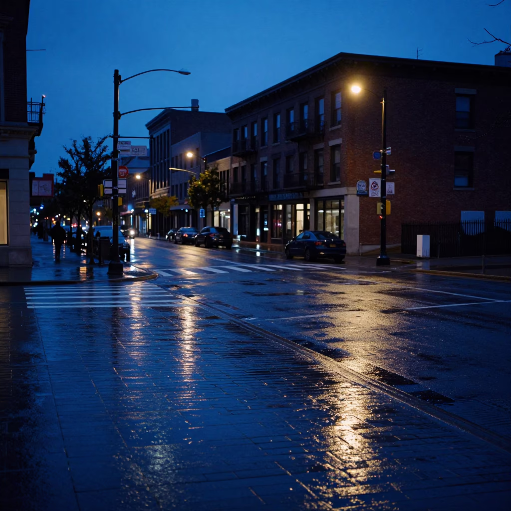 Chicago Street Corner Evening Blue Hour with Wet Flagstones and Urban Life in in Chicago, Illinois, United States