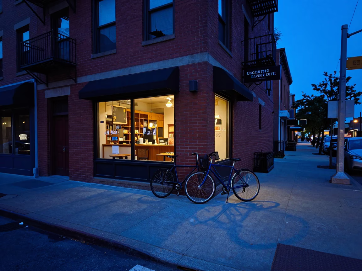 Chicago Street Corner Indigo Twilight with Bicycle and Bakery Exterior in in Chicago, Illinois, United States