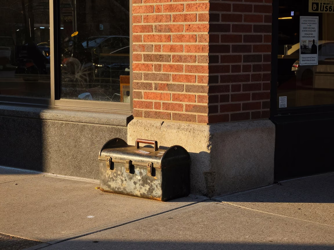 Chicago Street Corner Late Afternoon Light with Vintage Toolbox and Glass Chair Detail in in Chicago, Illinois, United States