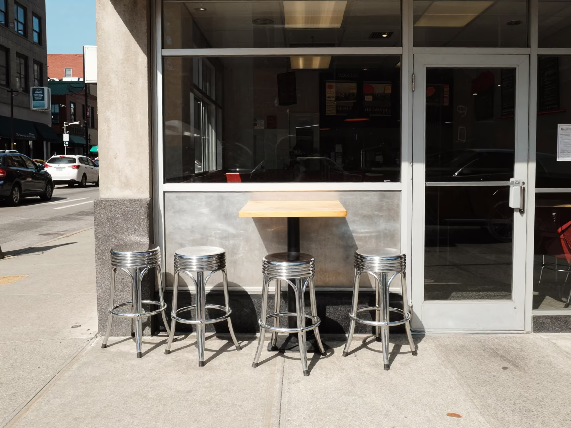 Chicago Street Corner Lunch Break with Bar Stools and Glass Bottles Under Noon Sun in in Chicago, Illinois, United States